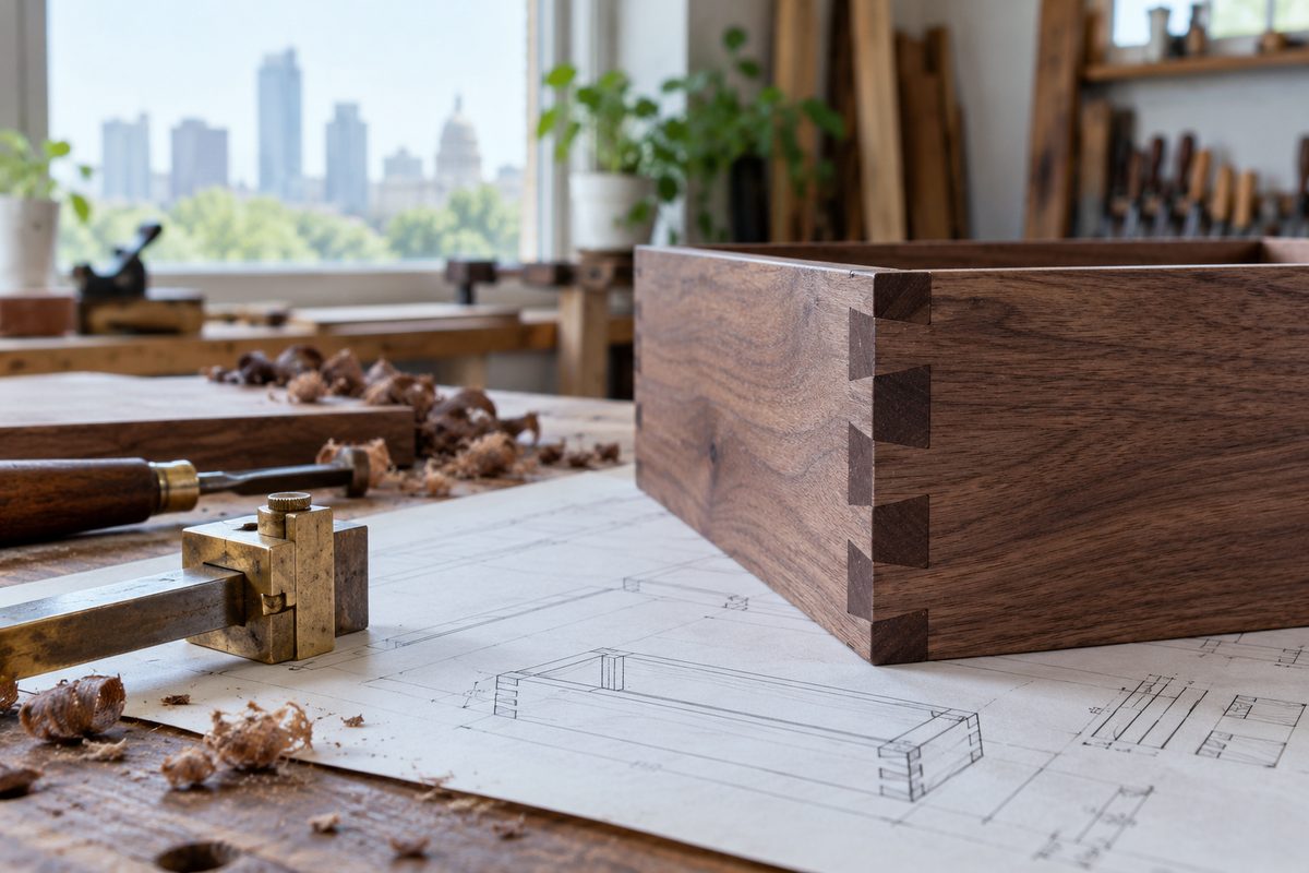 Precision walnut woodworking joint and technical assembly drawing with brass gauge