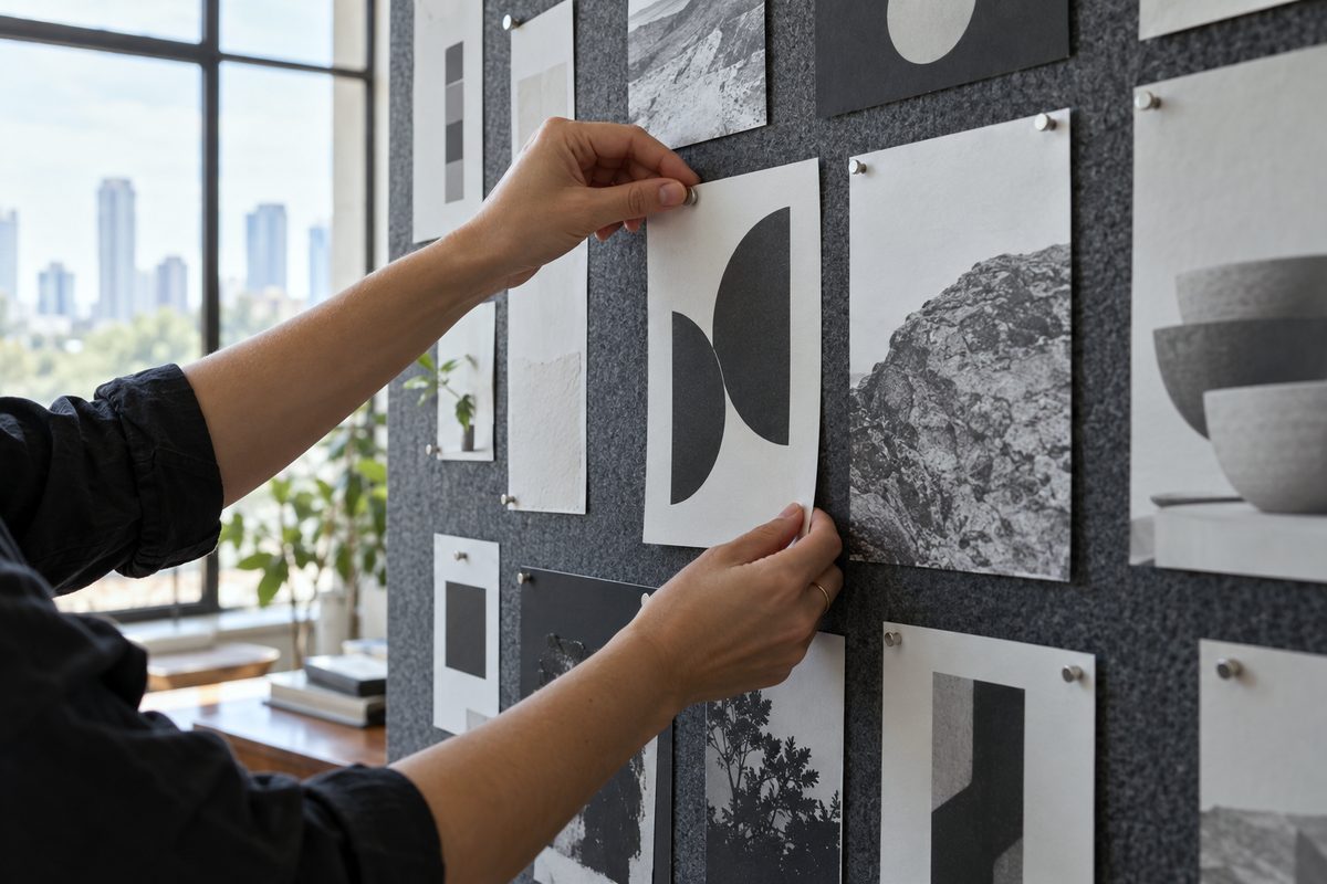 Hands pinning printed serif type specimens and page layouts to a studio felt board